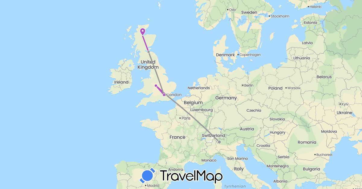 TravelMap itinerary: driving, plane, train in United Kingdom, Italy (Europe)